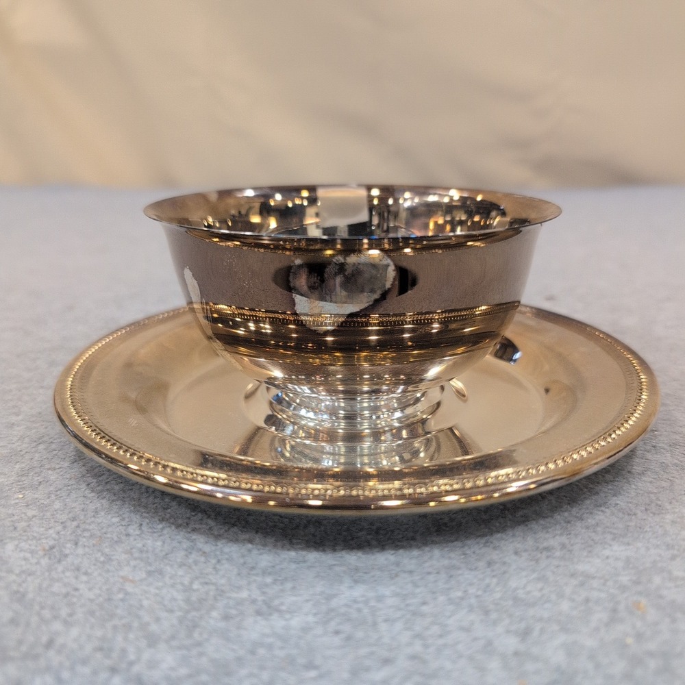 Oneida Silverplate Sherbet Cup and Underplate Set Beaded Rim USA Vintage - Picture 3 of 8